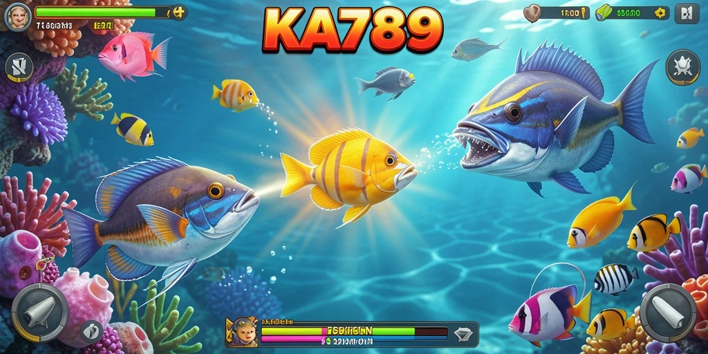 Tampilan gameplay KA789 saat menembak ikan yang berwarna-warni.